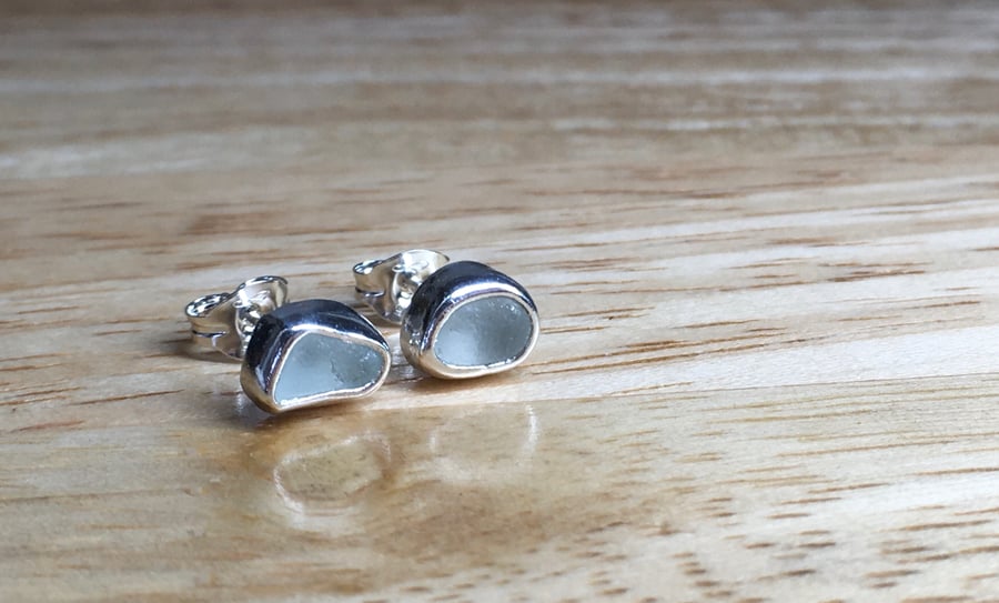 Small Handmade Welsh Seafoam Green Blue & Silver Stud Earrings
