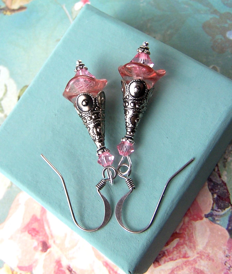 Pink Flower Earrings, Dangle Elegant Earrings with Fancy Silver Cones