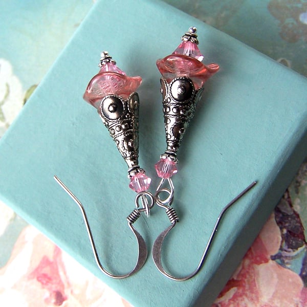 Pink Flower Earrings, Dangle Elegant Earrings with Fancy Silver Cones