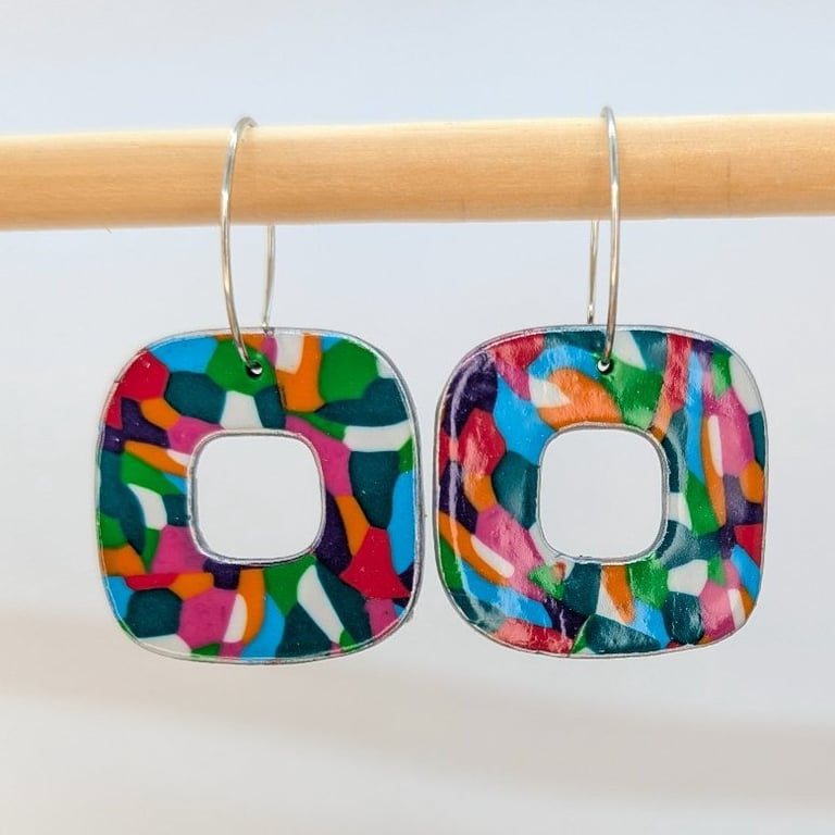 Colour burst polymer clay square dangle earrings 