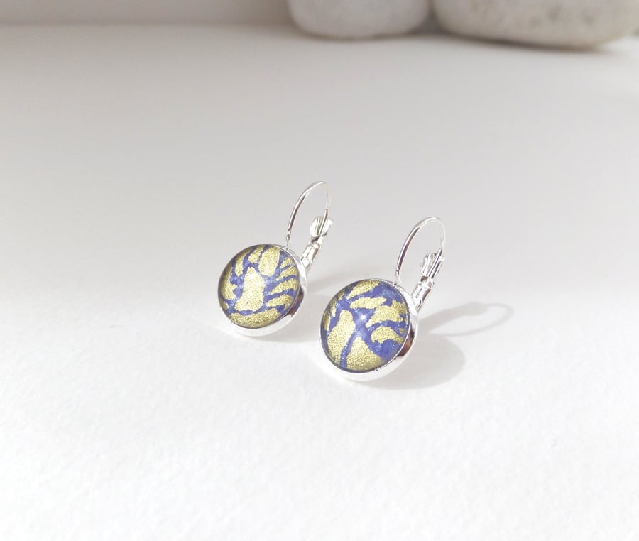 Silver Blue Earrings, Abstract Dangle Drop leverback earrings