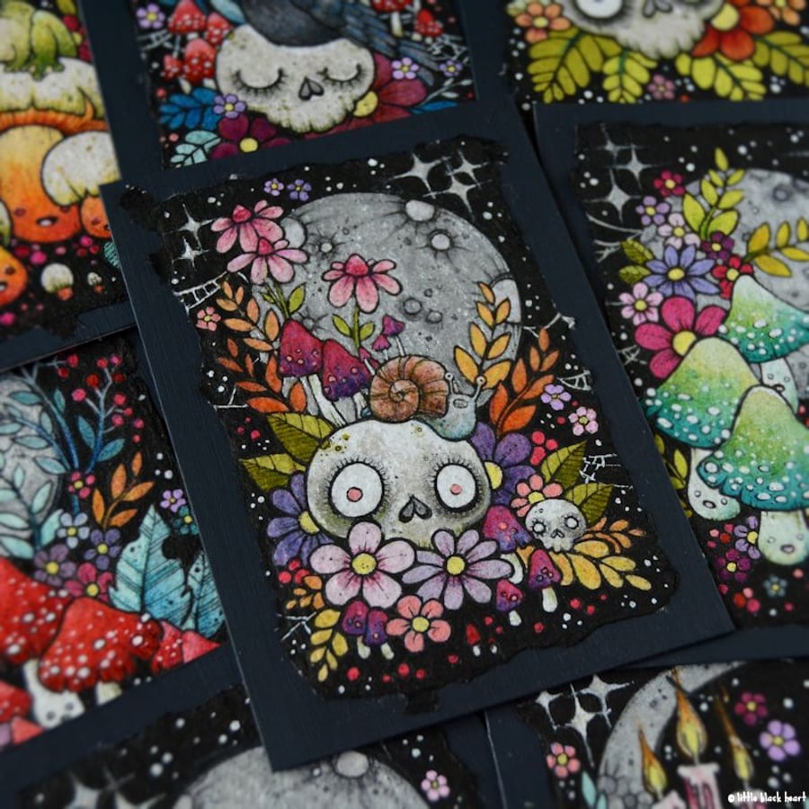 creepy cute skull and snail - original aceo illustration