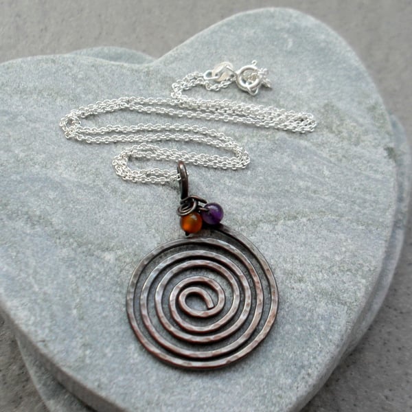 Oxidised spiral Copper Pendant With Carnelian and Amethyst Sterling Silver Chain