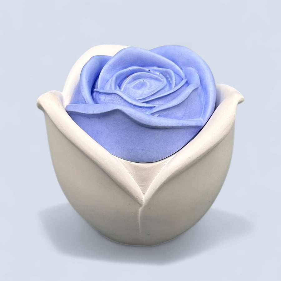 White trinket pot with periwinkle blue rose lid - handmade jewellery box