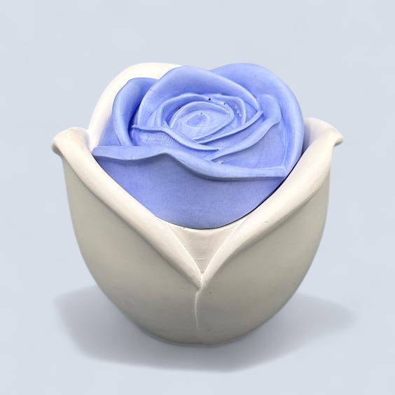 White trinket pot with periwinkle blue rose lid - handmade jewellery box