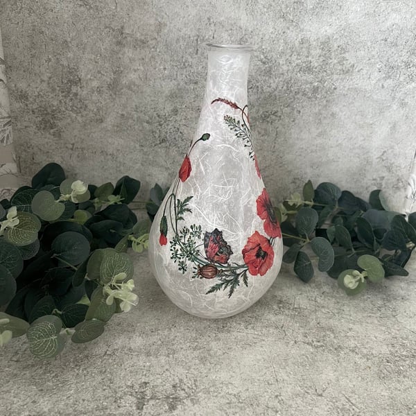 Decoupage Poppy Large Glass Bud Vase: Floral Home Decor, Upcycled