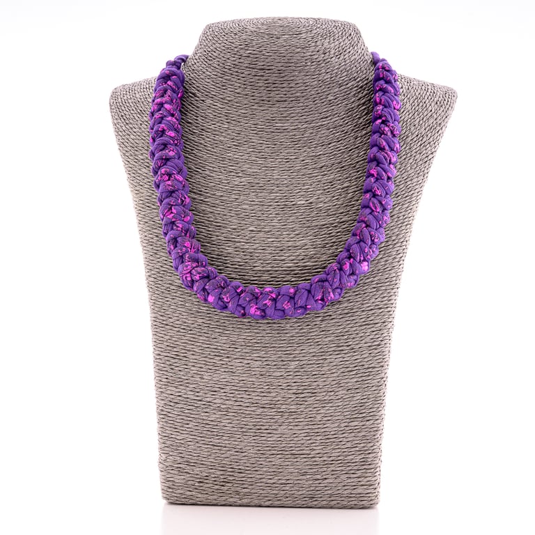 Handmade Chunky Purple Crochet Fabric Necklace – Eco-Friendly Statement Jeweller