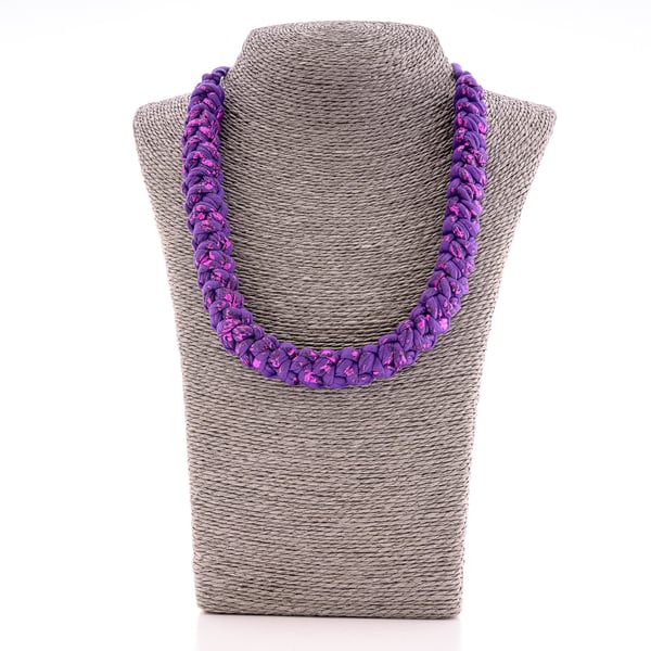 Handmade Chunky Purple Crochet Fabric Necklace – Eco-Friendly Statement Jeweller
