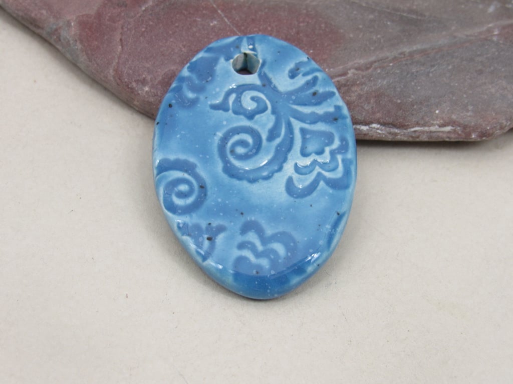 Large Cornflower Blue Brocade Ceramic Pendant