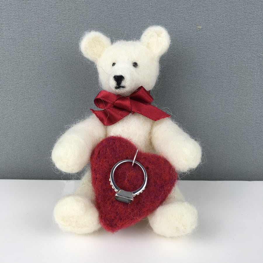 Love heart bear, Wedding proposal bear, engagement ring bearer, needle felted