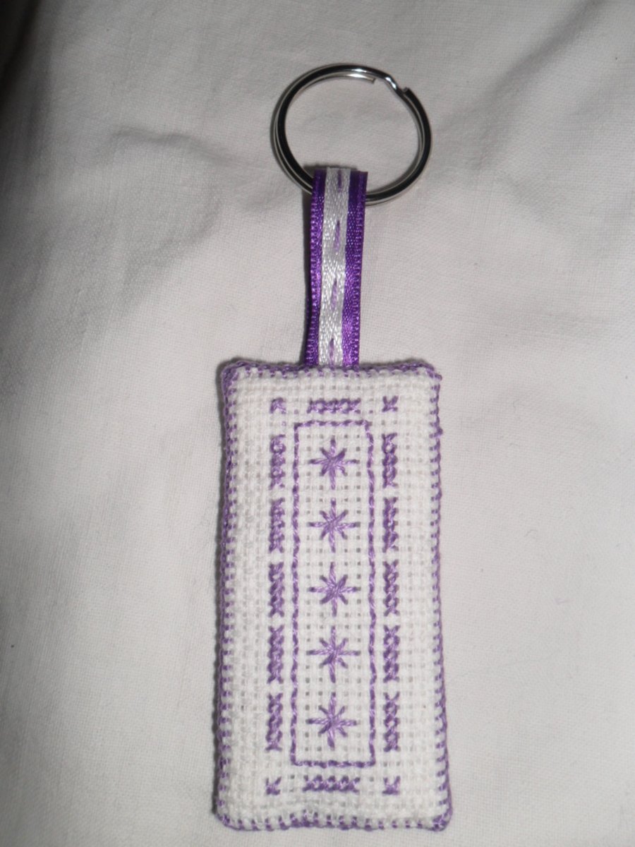 Keyring - Cross Stitched in Purple