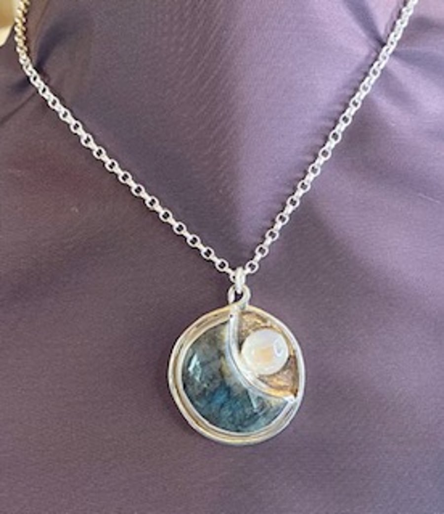 Labradorite and moonstone moon pendant
