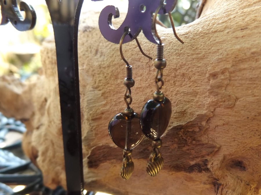 Smokey quartz puffy heart charm earrings with bronze heart