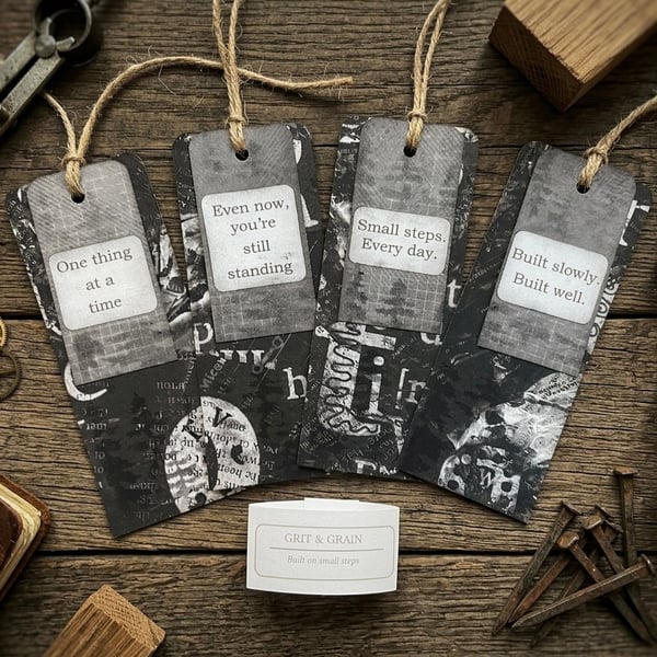 Set of 4 Grit & Grain Motivational Bookmarks. Small Steps Affirmation.