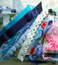 Upcycled slow stitching kit includes fabric, buttons, thread, lace, ribbon - Image 1