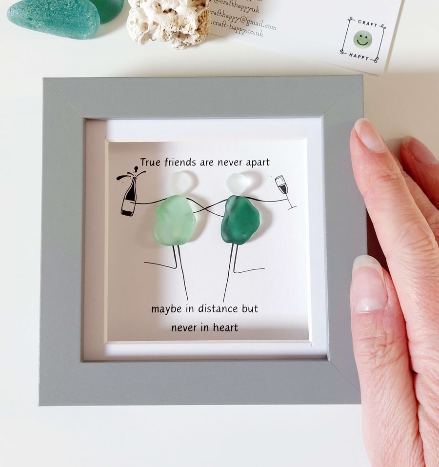 Handmade Sea Glass Distance Friendship Wall Art - Gift Frame for Besties