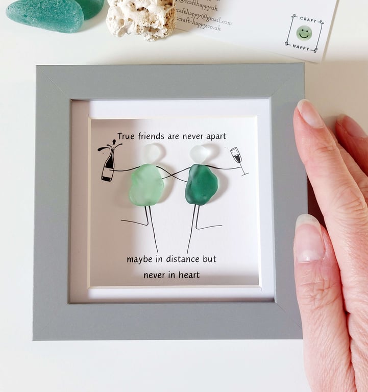 Handmade Sea Glass Distance Friendship Wall Art - Gift Frame for Besties