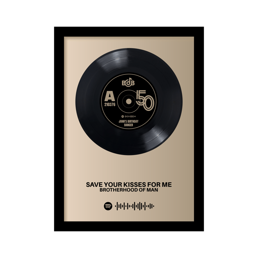 Framed 7" vinyl with personalised label design and Spotify code