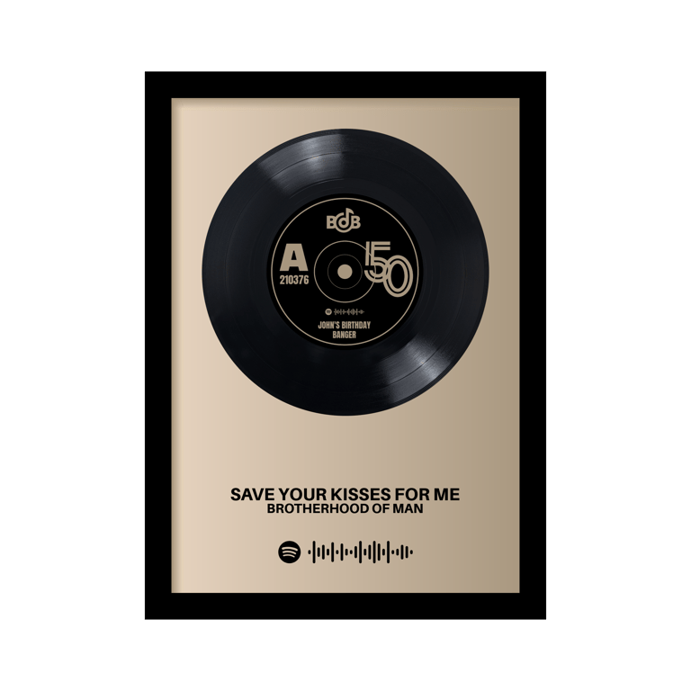 Unique birthday gift. Framed 7" vinyl with personalised label and Spotify code