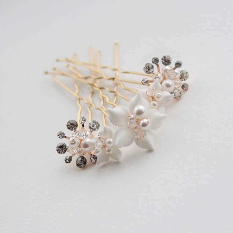 Crystal and pearl hair pins, starburst hair pins