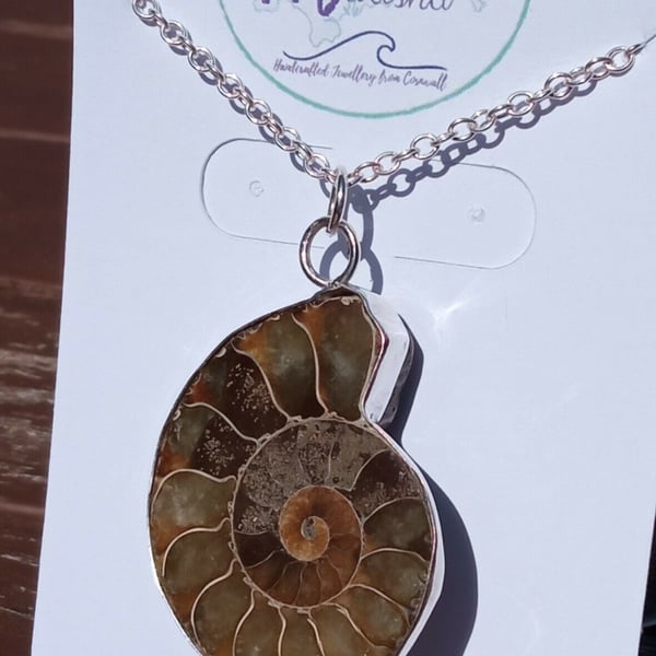 Fine & Recycled Sterling Silver Reiki Healing Large Ammonite Fossil Necklace