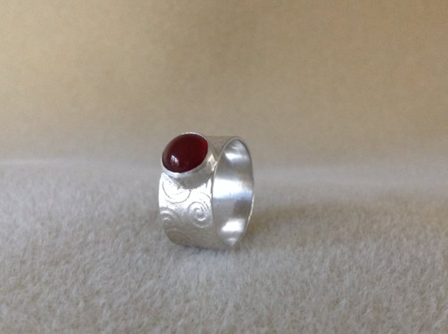 Red Carnelian wide band embossed Sterling and Fine silver ring