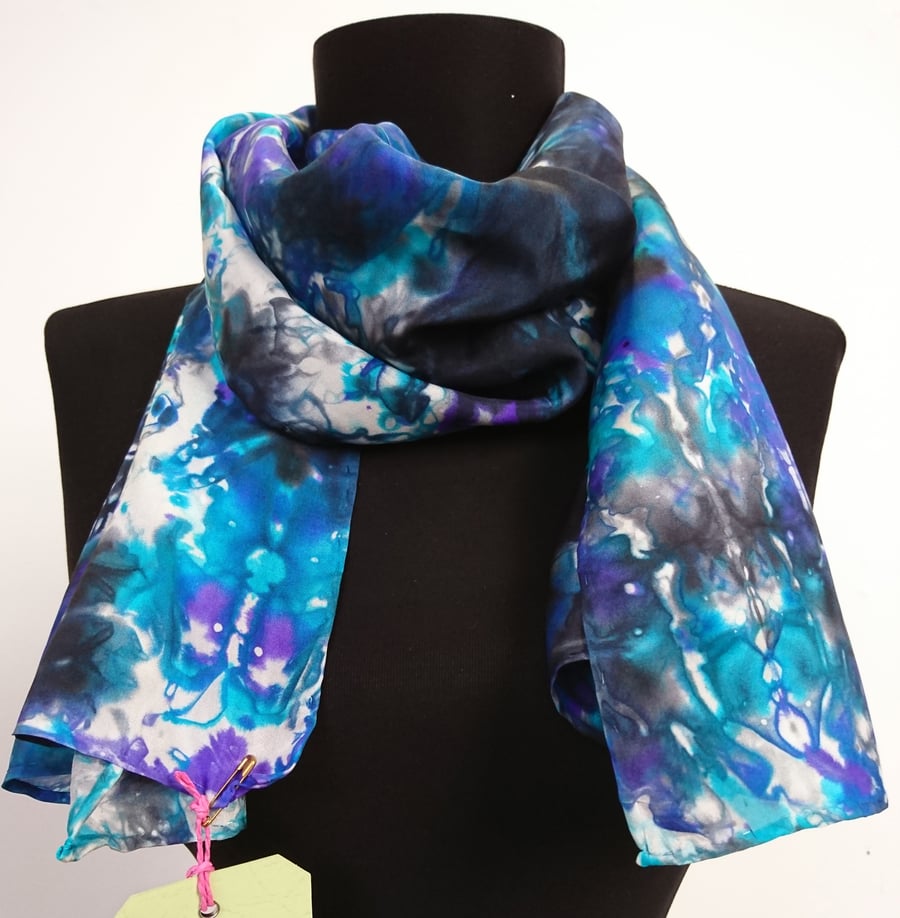 Purple, Turquoise and Black - Hand Painted 100% Silk Scarf
