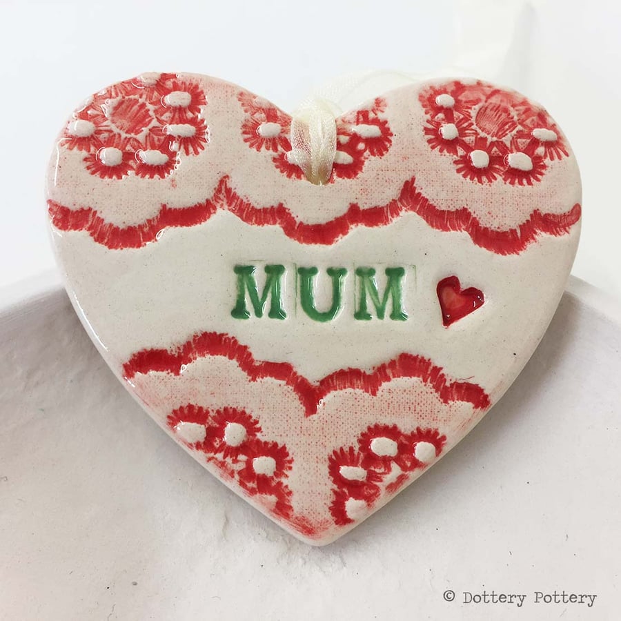 Pottery decoration Mum Heart Ceramic lace pattern Mother's Day