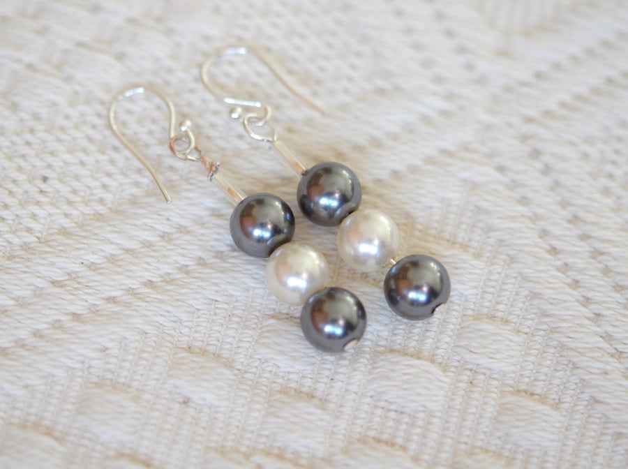 Silver Drop Earrings with Pearl Beads,  E19A