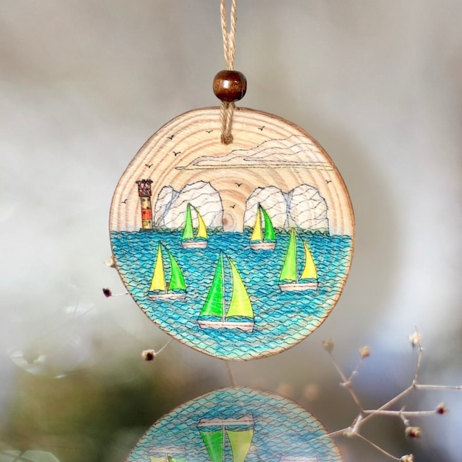 Isle of Wight original Wood Slice artwork, Boat Race at The Needles Lighthouse