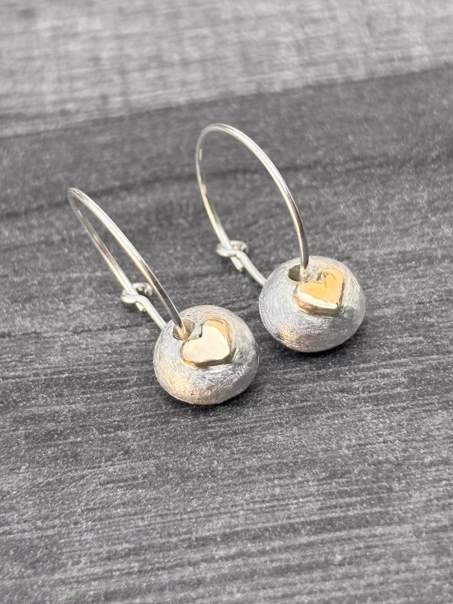 Silver charm Hoop Earrings, silver hoop earrings, gold heart pebble hoop earring