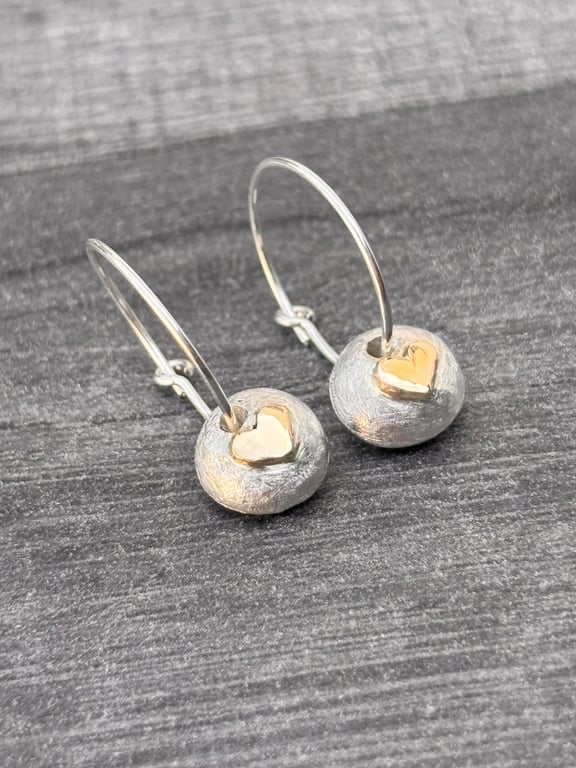 Silver charm Hoop Earrings, silver hoop earrings, gold heart pebble hoop earring