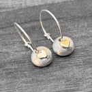 Silver charm Hoop Earrings, silver hoop earrings, gold heart pebble hoop earring