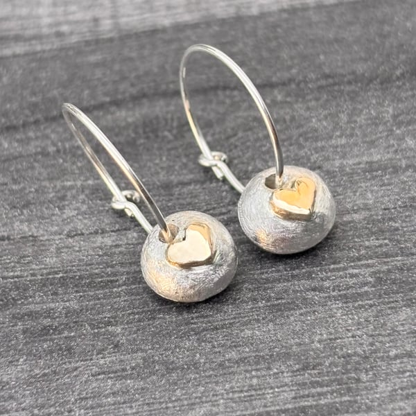 Silver charm Hoop Earrings, silver hoop earrings, gold heart pebble hoop earring