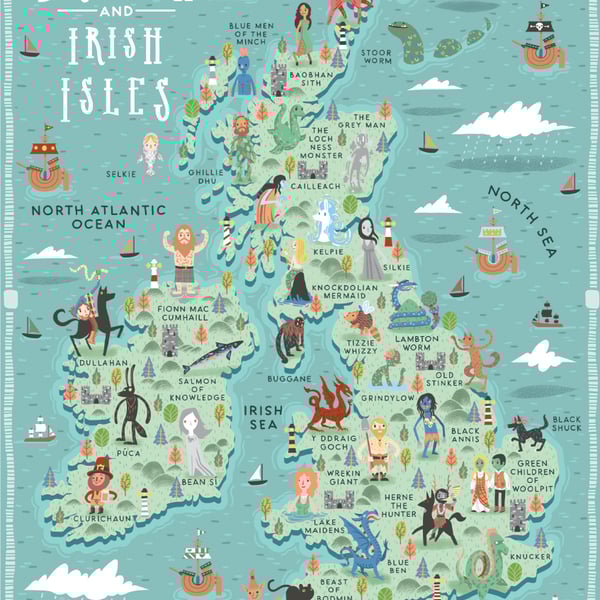 Illustrated Map, Mythical Beasts of the British and Irish Isles, A3 Art print - 