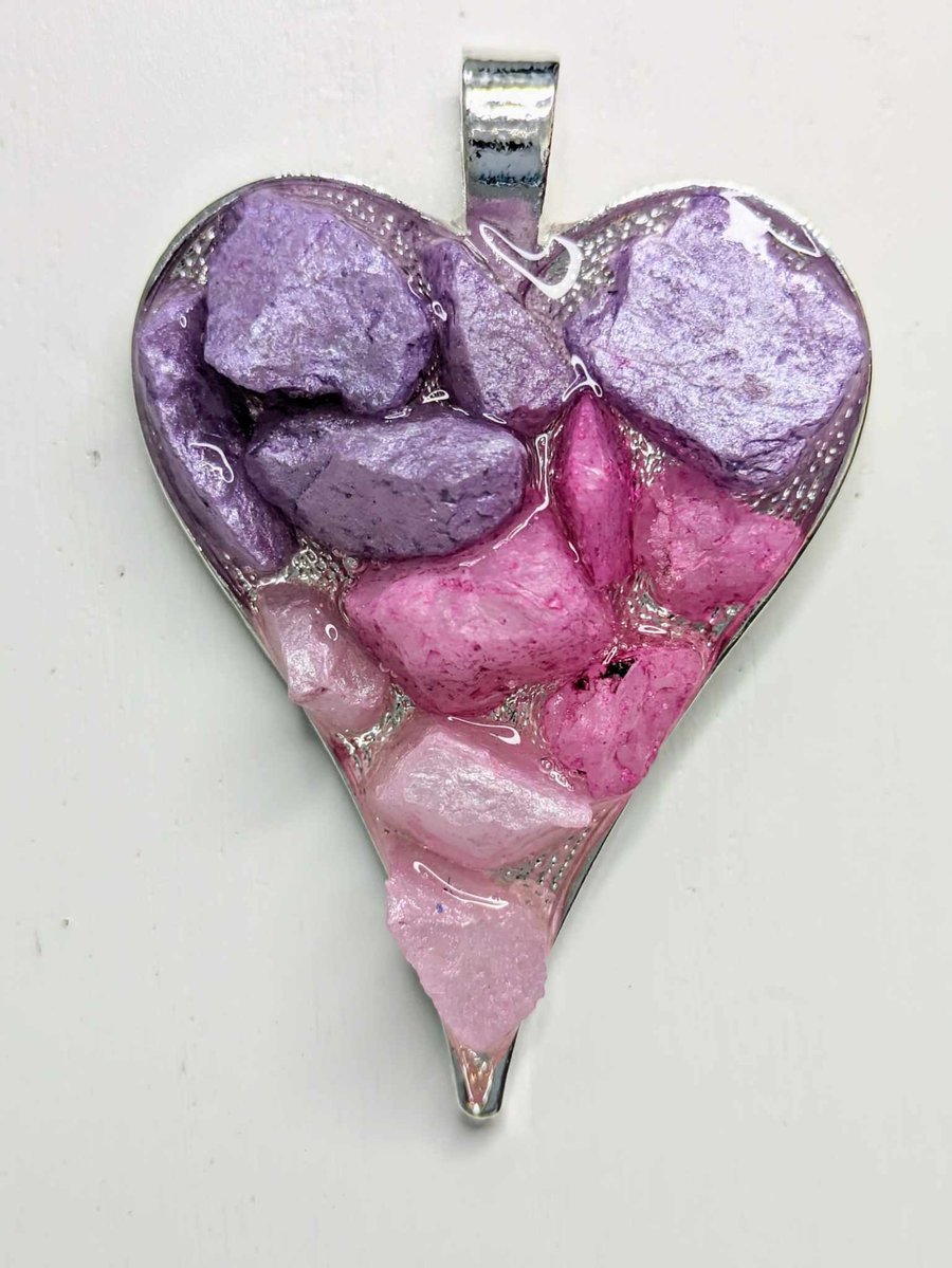 Large Heart Pendant With Pink & Purple Rocks
