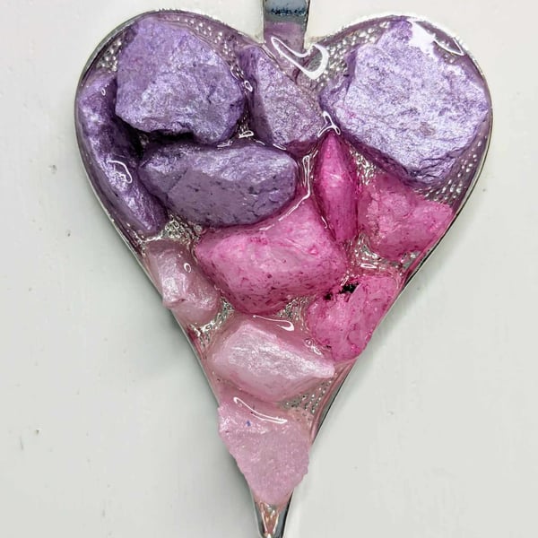 Large Heart Pendant With Pink & Purple Rocks