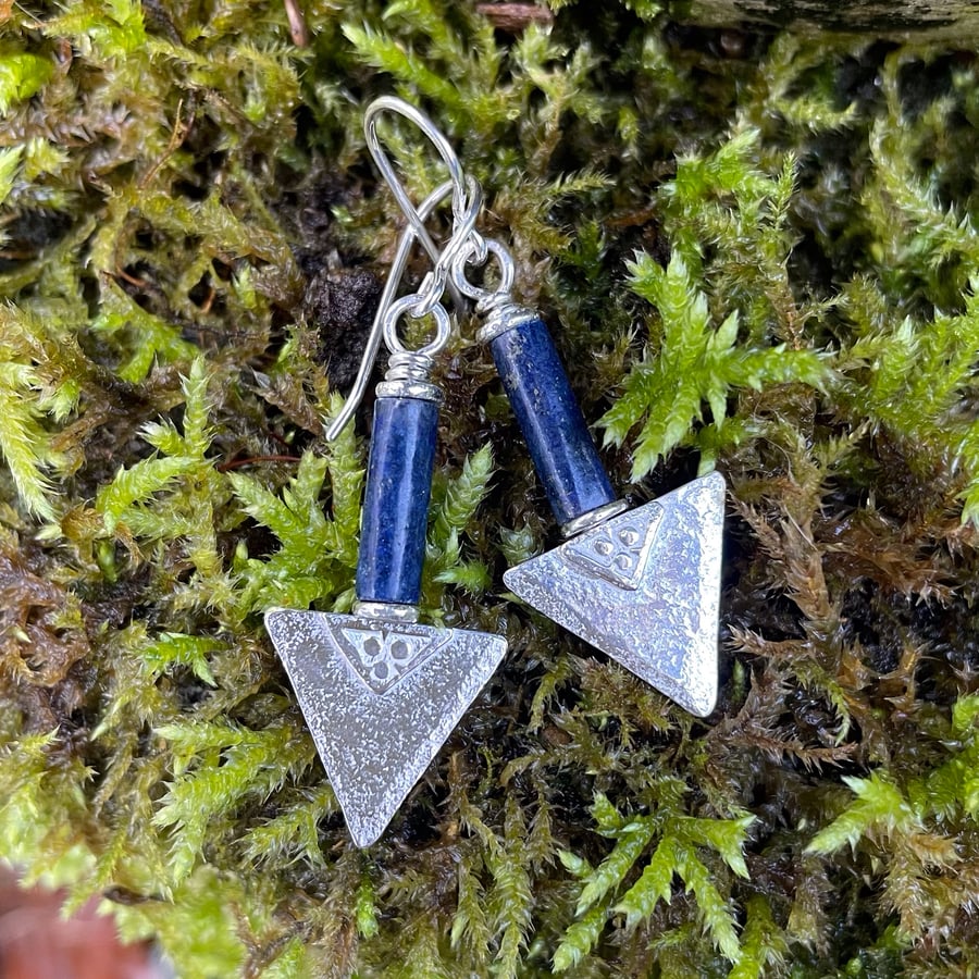 Sterling silver and lapis lazuli triangular earrings
