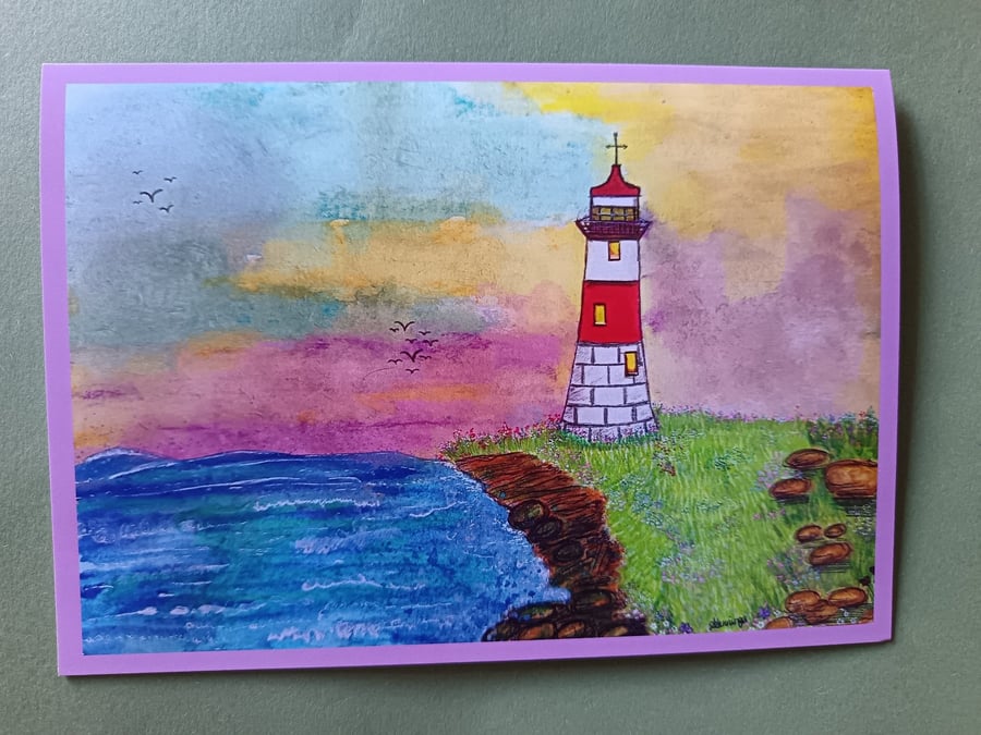 A5 art print card: Lighthouse Sunset 