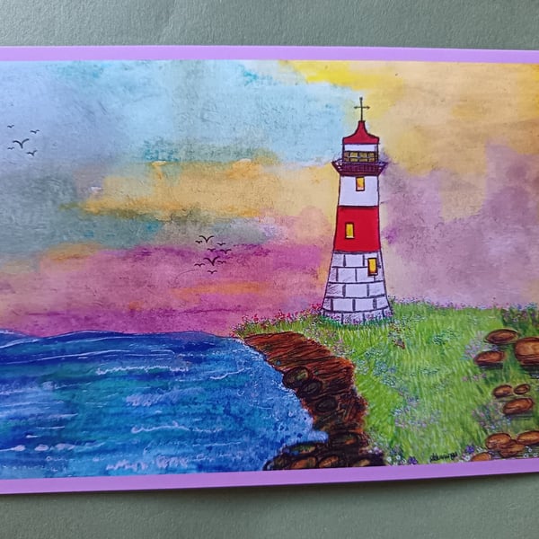 A5 art print card: Lighthouse Sunset 
