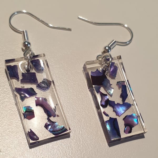 Rectangle blue mother of pearl resin earrings