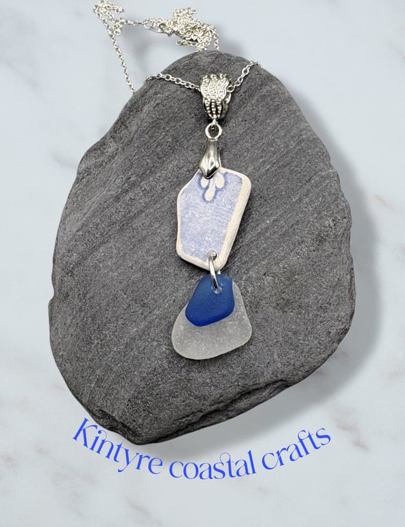 Sea glass and sea pottery necklace. Tree beautifully smooth sea treasures.