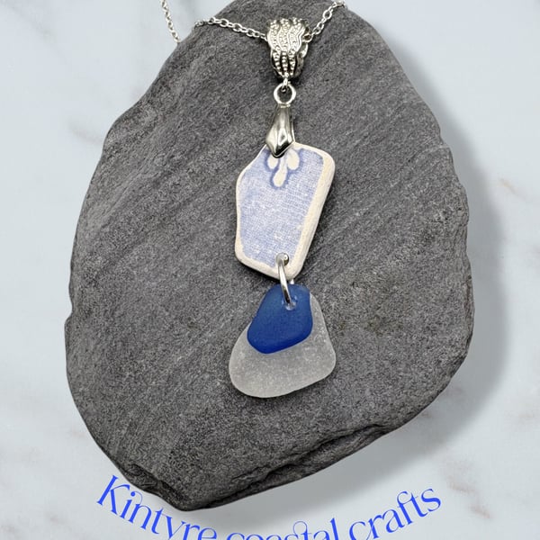 Sea glass and sea pottery necklace. Tree beautifully smooth sea treasures.