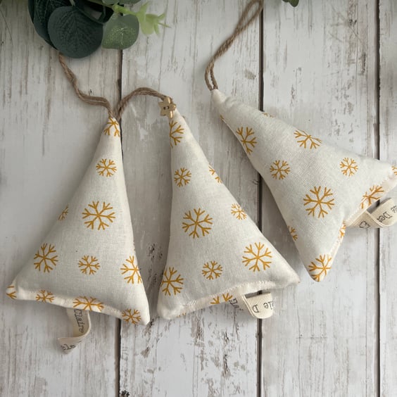 Set of 4 Hanging Decorations Mustard Snowflakes Fabric, Christmas Decorations