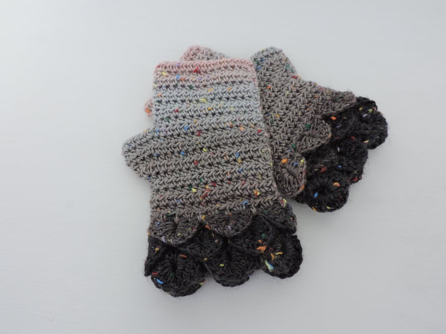 SALE now 8.50  Dragon Scale Cuff Fingerless Mitts Black Grey Hint of Pink