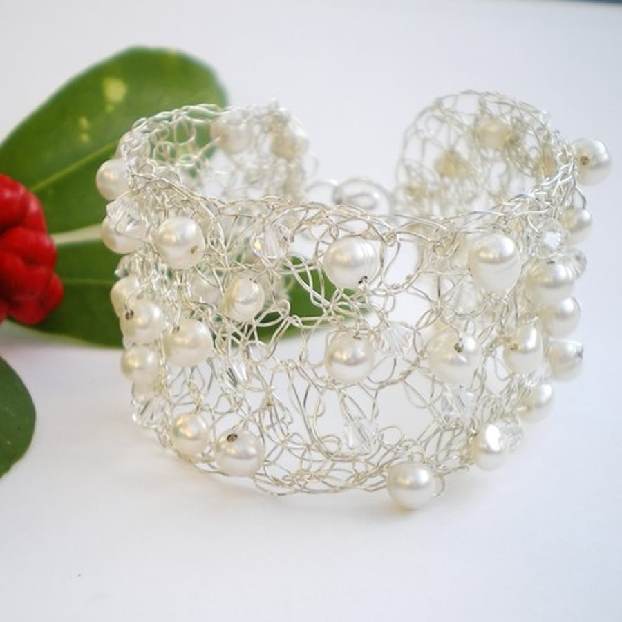 Image of Simply Pearl Silver Crochet Cuff