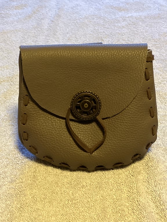 Olive Brown Coloured Leather Medieval Style Pouch with Wheel shaped Closure