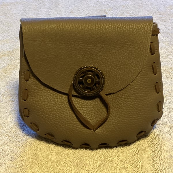 Olive Brown Coloured Leather Medieval Style Pouch with Wheel shaped Closure