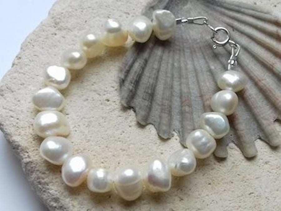 Boho White Freshwater Pearl Bracelet - 10-12mm pearls