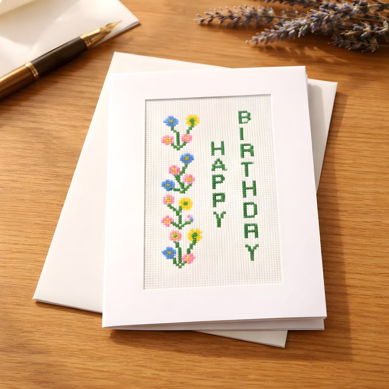 Handmade Cross Stitch Happy Birthday Card - Embroidered Wildflowers Design